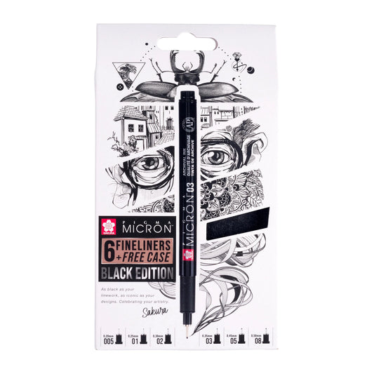 Sakura Pigma Micron Black Edition set + free pen case | 6 sizes, black