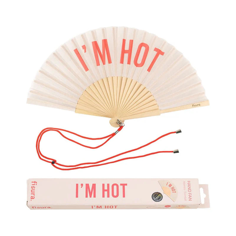 Hand Fan "I'm Hot" Beige and Red