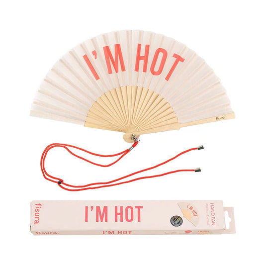 Hand Fan "I'm Hot" Beige and Red