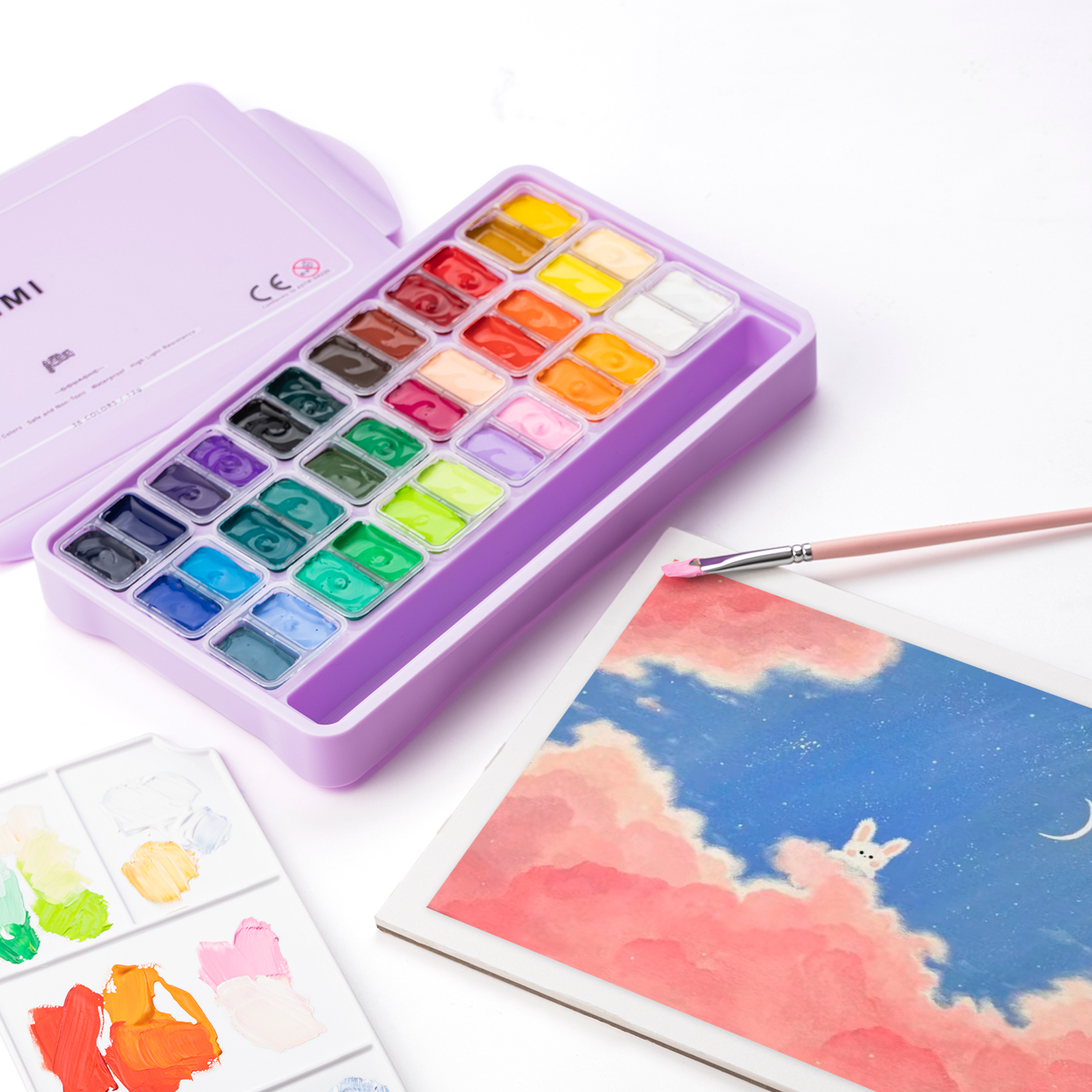 Himi Twin Cup Gouache Set-36 Colours+3 Brushes (Purple Case)