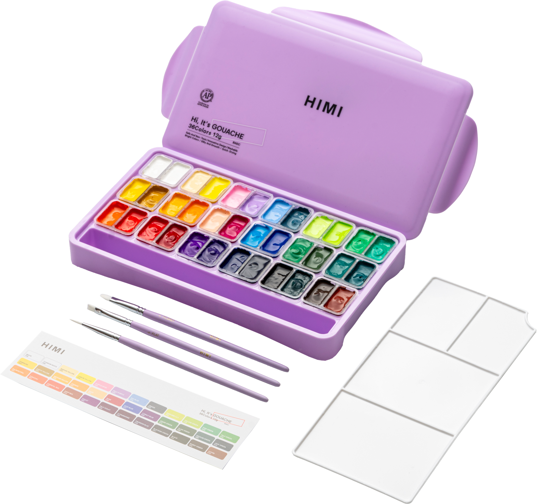 Himi Twin Cup Gouache Set-36 Colours+3 Brushes (Purple Case)