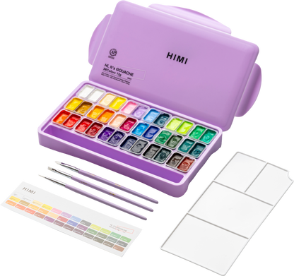 Himi Twin Cup Gouache Set-36 Colours+3 Brushes (Purple Case)