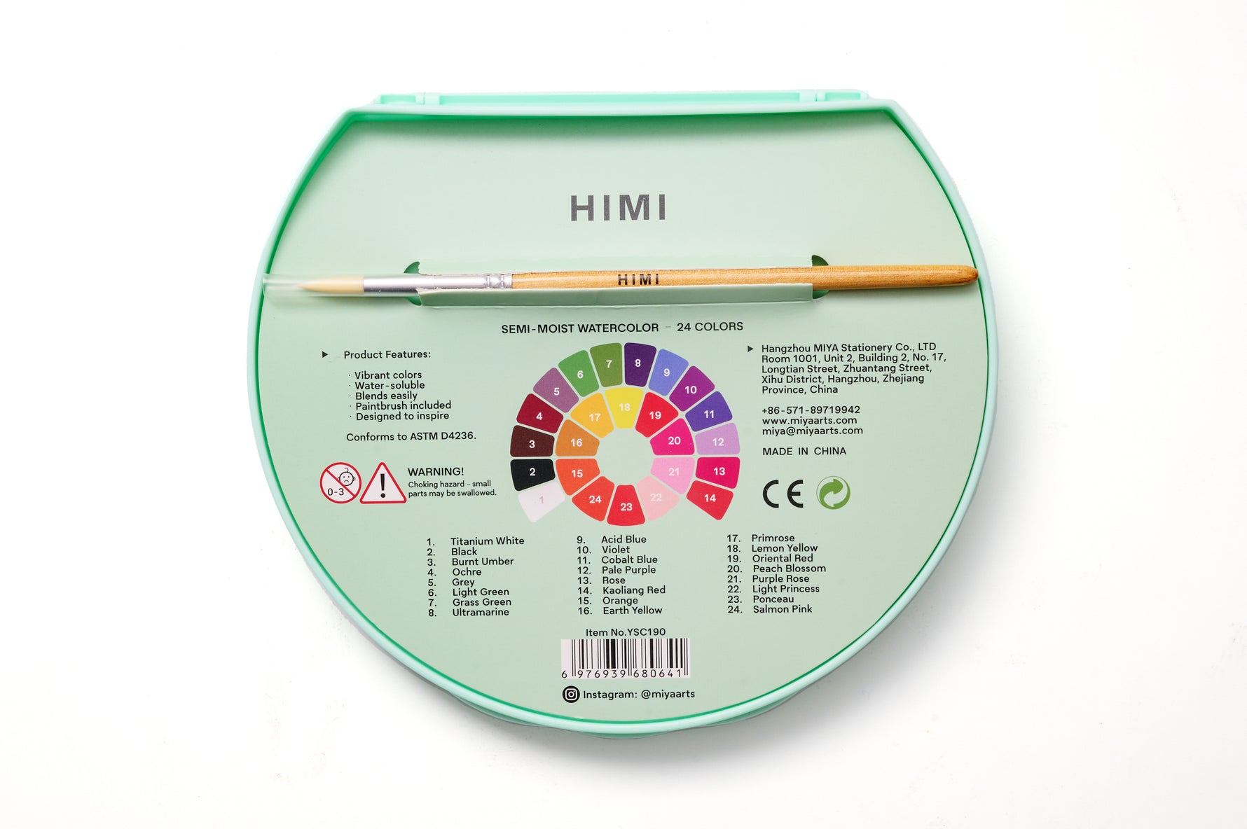 Himi Semi-Moist Watercolour Set -24 Colours in Pans+Brush (Green Case)