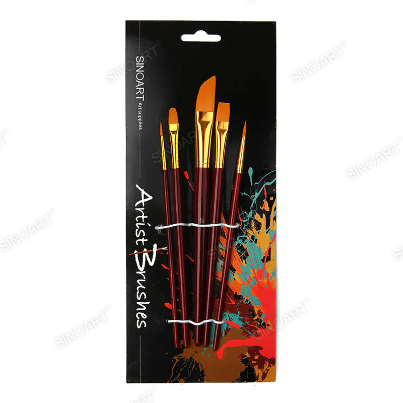 sinoart 5pcs Nylon Brush Set Dark Red Short Handle Brush Set