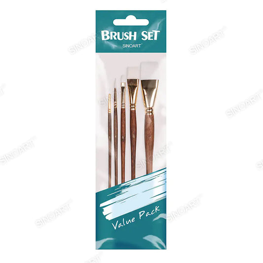 Sinoart 5PK Short Handle Taklon/Synthetic White Hair Painting Brush Set